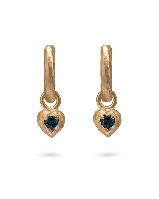Wander Hoops Medium with Heart Charms Deep Blue Topaz