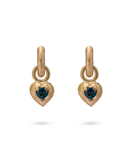 Wander Hoops Small with Heart Charms Deep Blue Topaz